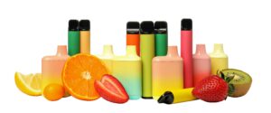 A colorful display of disposable vape pens with fruit slices, showcasing a range of Nic Salt flavours.